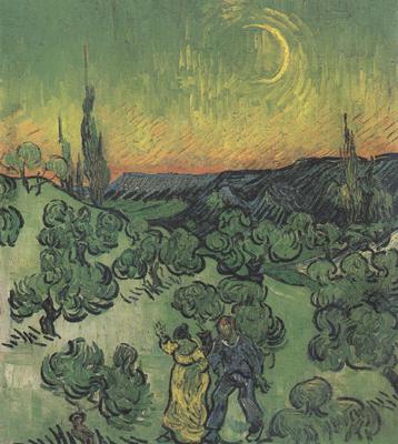 Vincent Van Gogh Landscape with Couple Walking and Crescent Moon (nn04) Norge oil painting art
